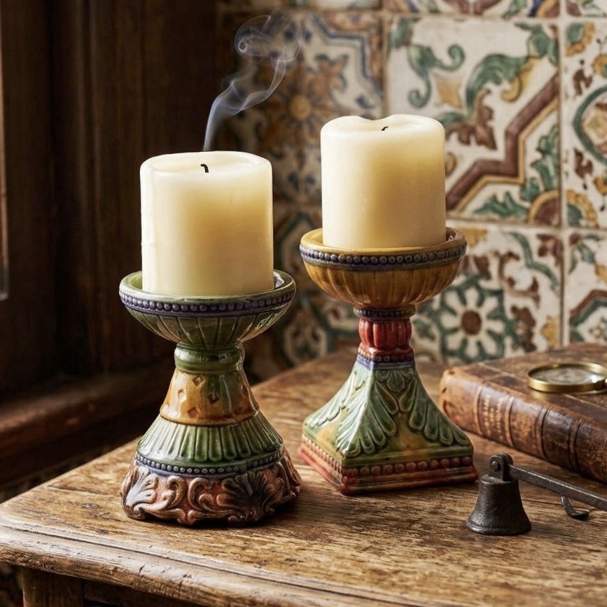 Vintage Pair Majolica Style Ceramic Pedestal 3” Pillar Candle Holder Risers Vintage Pair Majolica Style Ceramic Pedestal 3” Pillar Candle Holder Risers