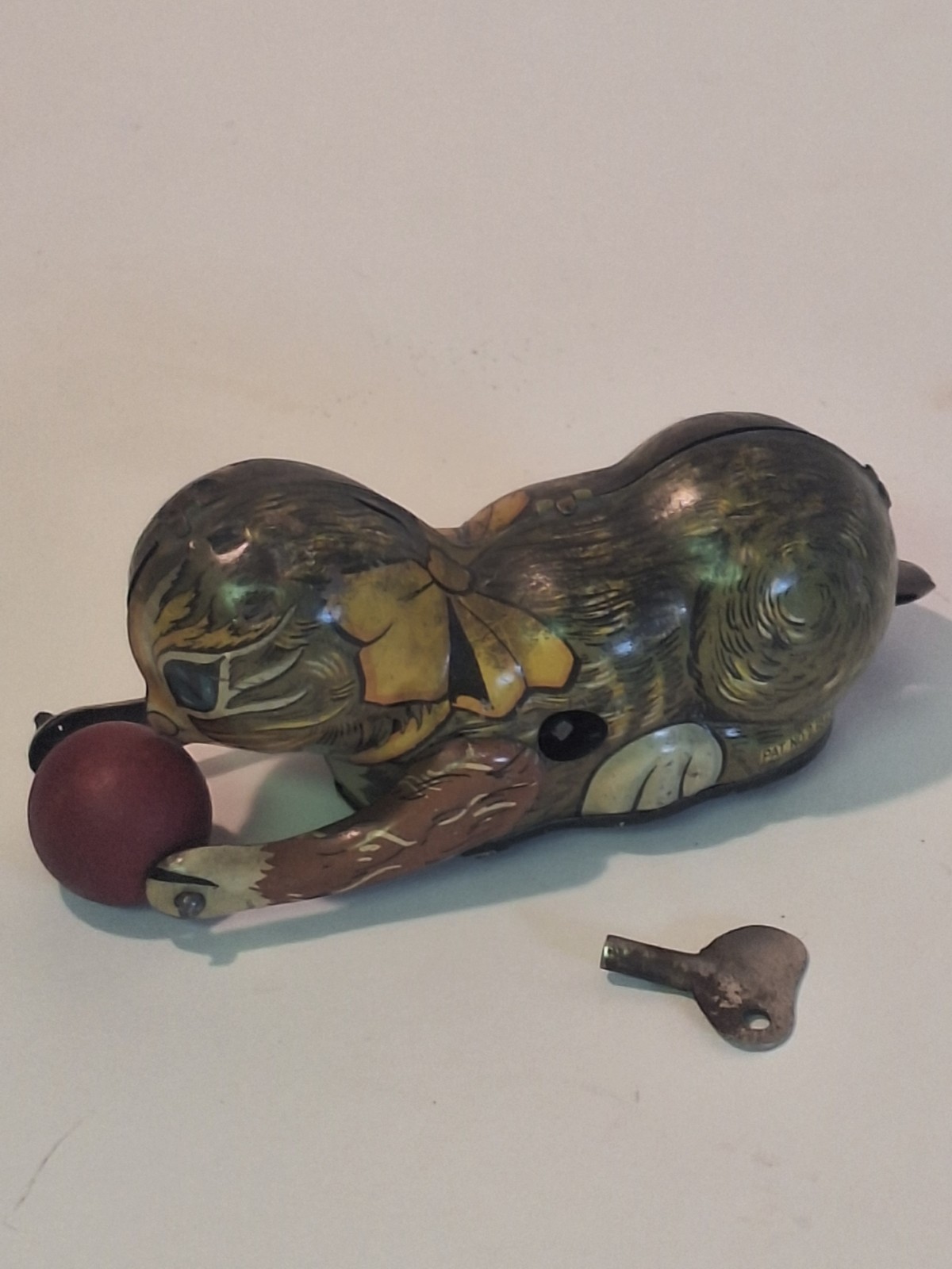 Vintage 1940s Made in America Tin Wind Up Cat w/ Ball and Roll Over Tail by MAR Vintage 1940s Made in America Tin Wind Up Cat w/ Ball and Roll Over Tail by MAR