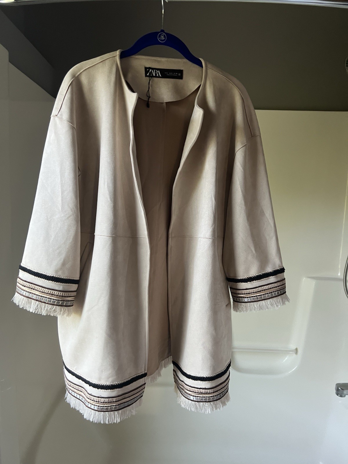 Zara Faux Suede Embroidered / Fringe Hem/Sleeve Open Front Jacket,  Zara Faux Suede Embroidered / Fringe Hem/Sleeve Open Front Jacket, 