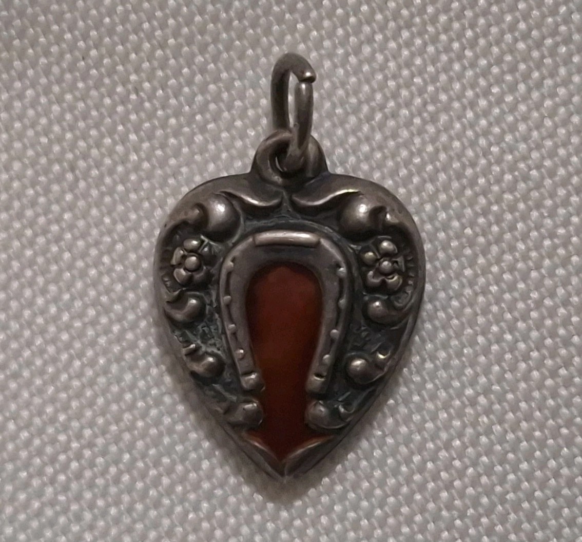 Antique Sterling Silver Red Enamel Horseshoe Puffy Heart Charm