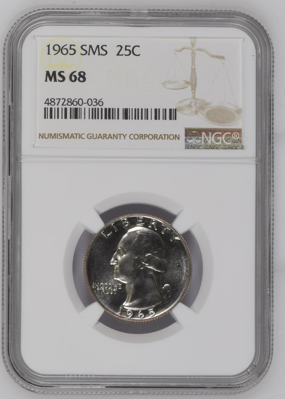 1965 S Quarter Dollars Clad Coinage NGC MS-68 SMS 1965 S Quarter Dollars Clad Coinage NGC MS-68 SMS