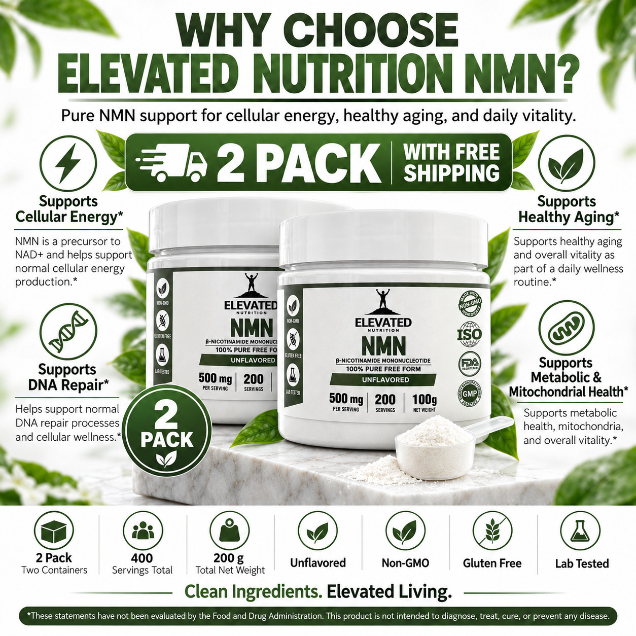 2 Pure NMN - 200 grams of β-NICOTINAMIDE MONONUCLEOTIDE - Elevated Nutrition