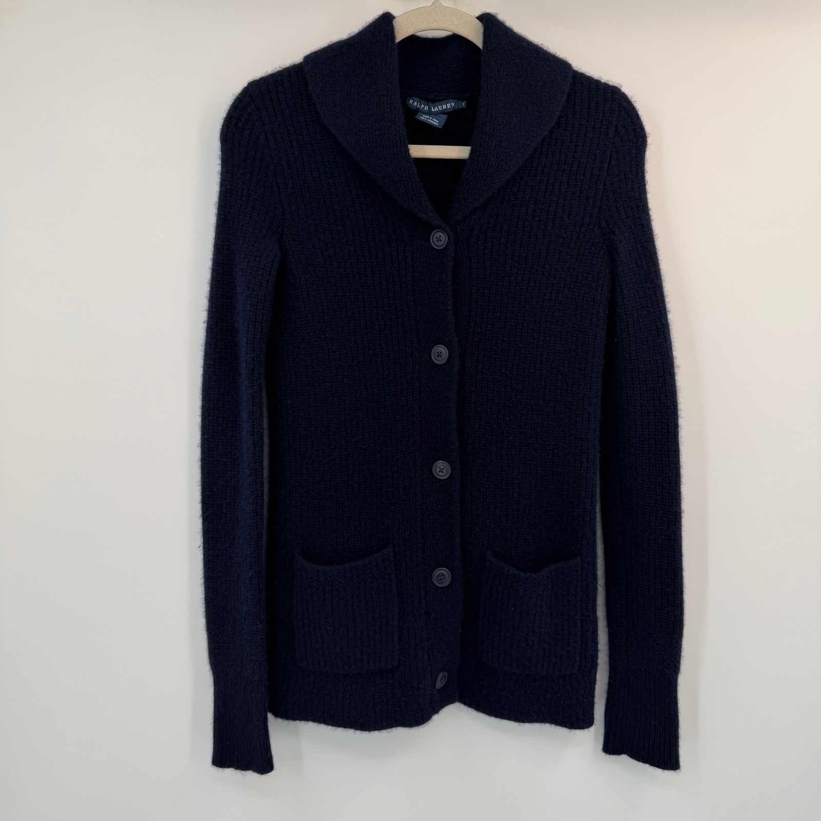 Ralph Lauren Navy Blue 100% Cashmere Ribbed Shawl Collar Cardigan Sweater Small