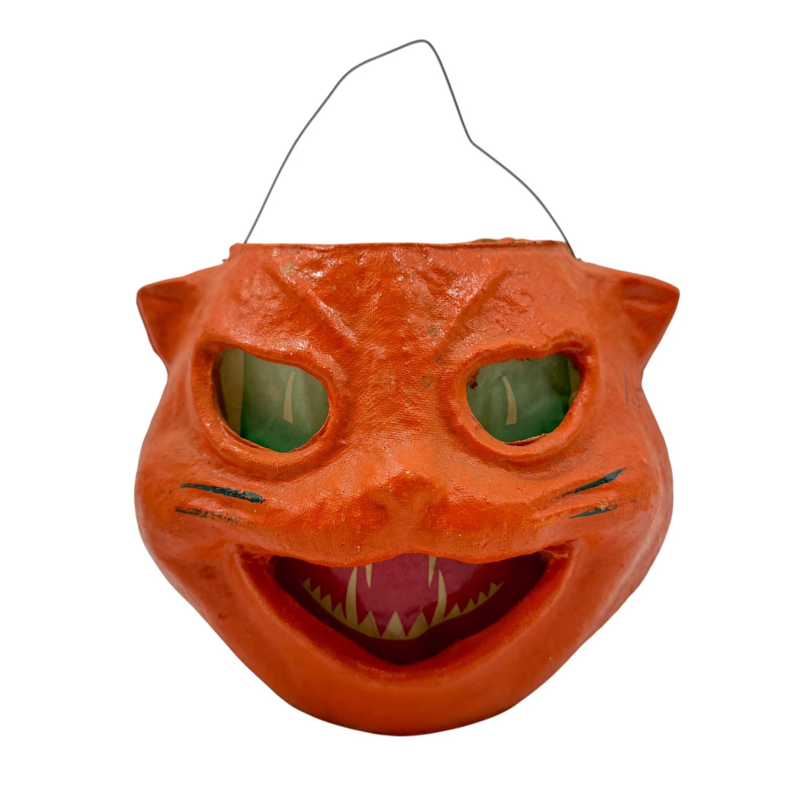 Antique Rare Siamese Cat Paper Mache Pulp Jack O’ Lantern Halloween Vintage Pail