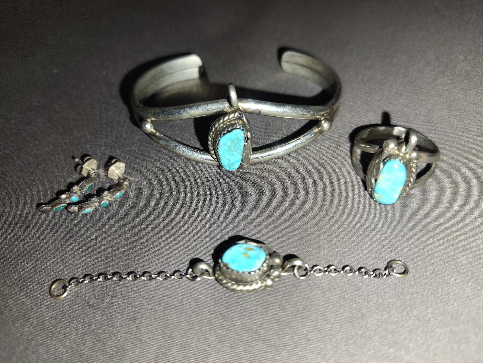 Vintage Navajo Lee Yazzie Signed Sterling Silver Turquoise 4-Piece Jewelry Set Vintage Navajo Lee Yazzie Signed Sterling Silver Turquoise 4-Piece Jewelry Set