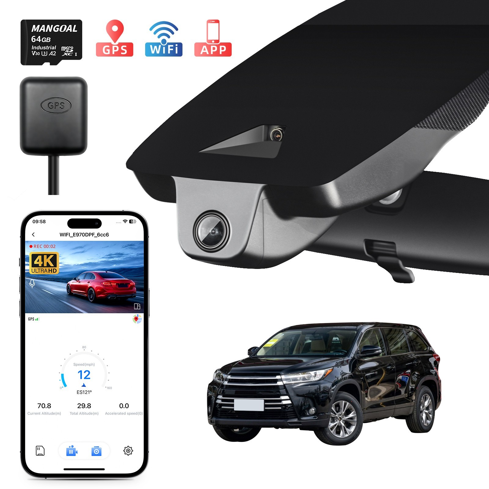 Mangoal Front 4K Dash Cam for Toyota Highlander & Hybrid 2017-2019 OEM Look GPS