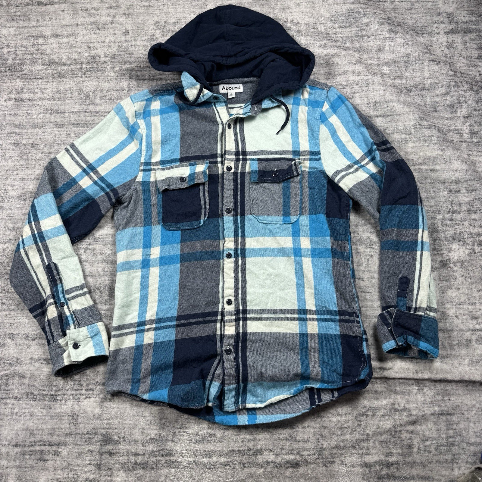Abound Hooded Flanne Size S Blue Grey Button Down Front Pocket Curved Hem Abound Hooded Flanne Size S Blue Grey Button Down Front Pocket Curved Hem