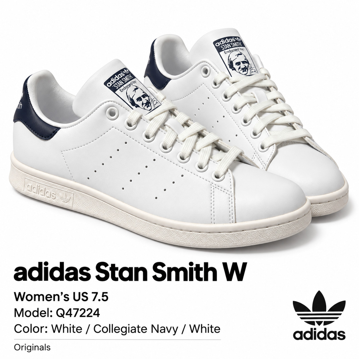 adidas Originals Stan Smith W Women’s 7.5 White Navy Sneakers Q47224