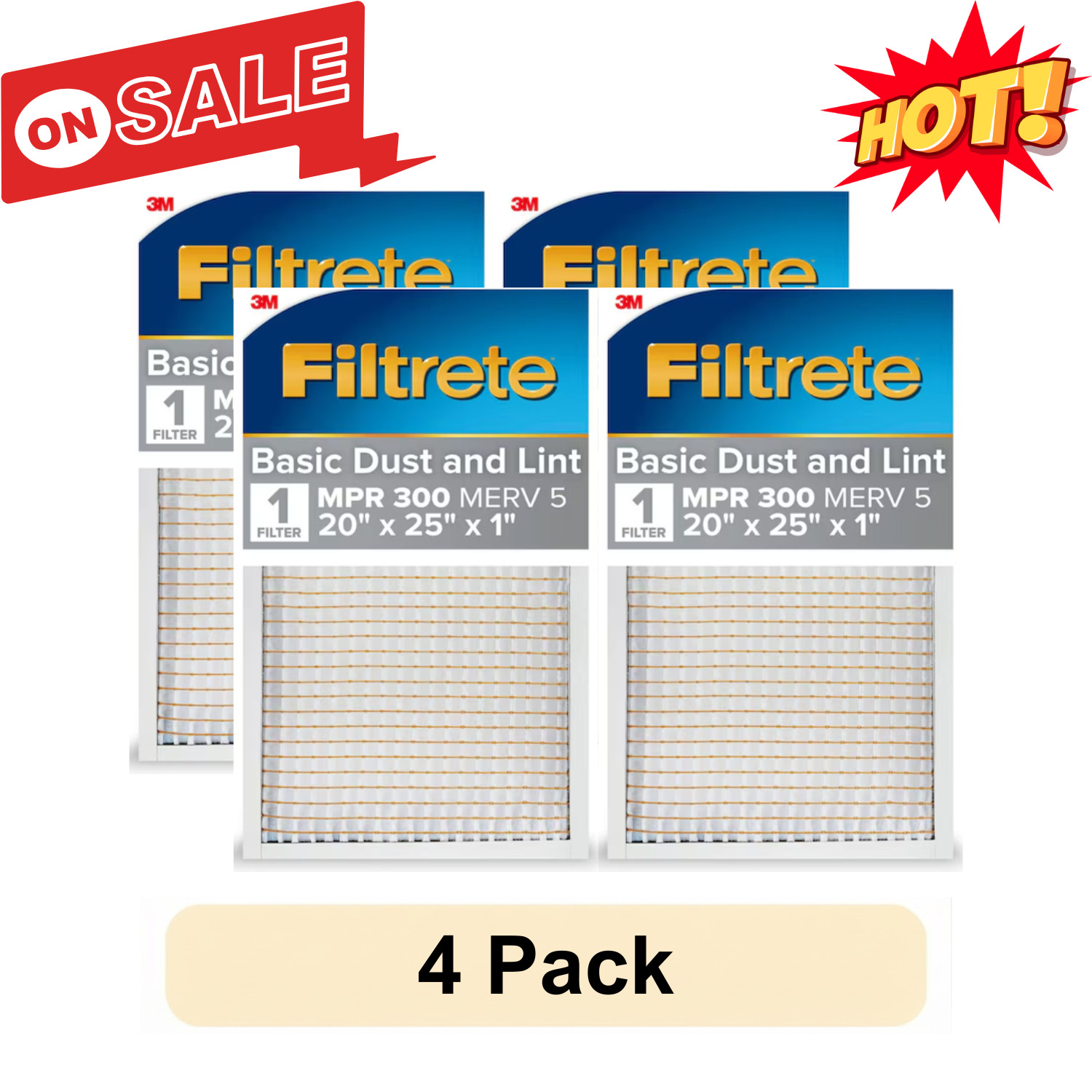 4 Pack Filtrete 20x25x1 Air Filter MERV 5 300 MPR Dust & Lint Pleated New 4 Pack Filtrete 20x25x1 Air Filter MERV 5 300 MPR Dust & Lint Pleated New