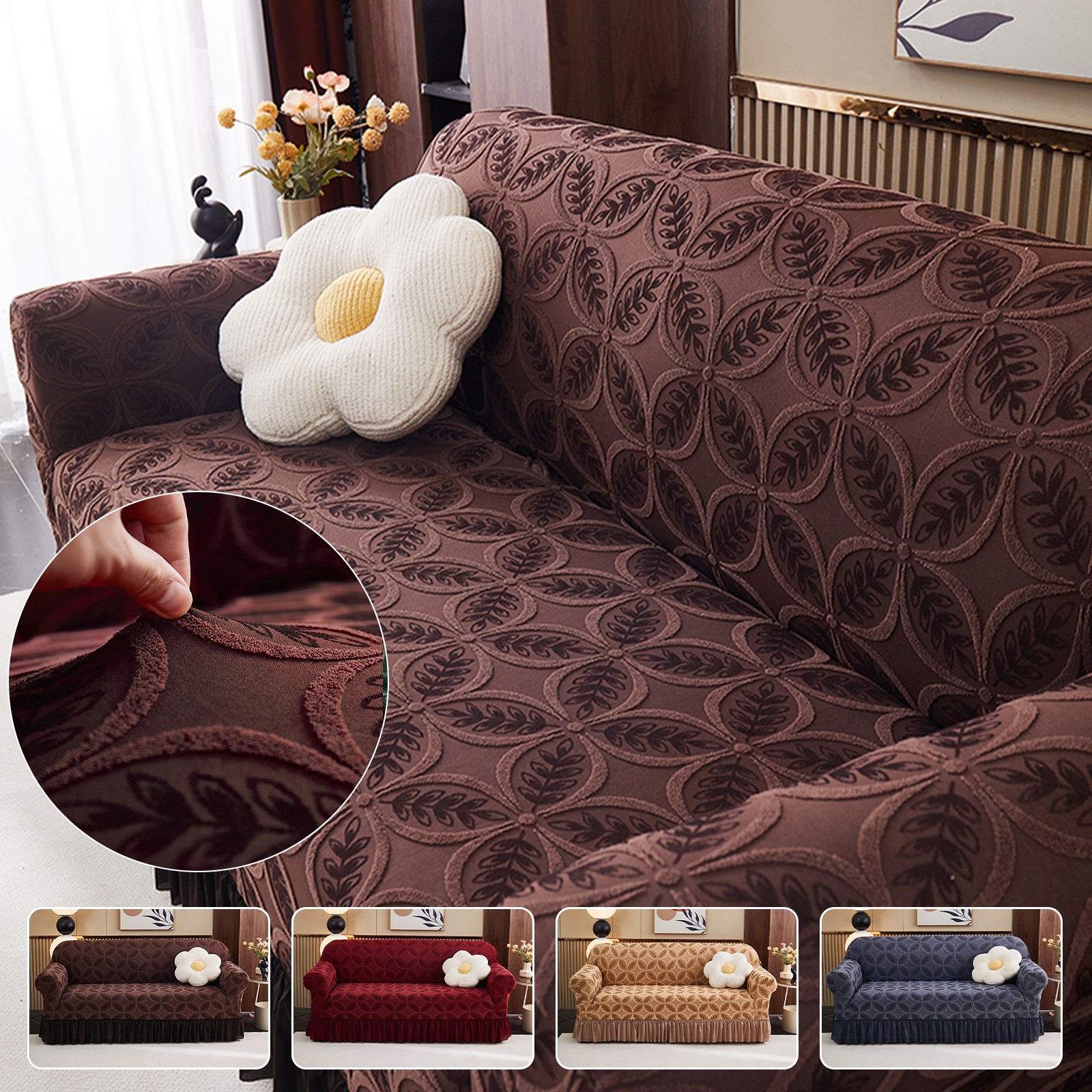 1/2/3/4 Seater Jacquard Sofa Cover w/ Skirt Stretch Elegant Sofa Couch Slipcover
