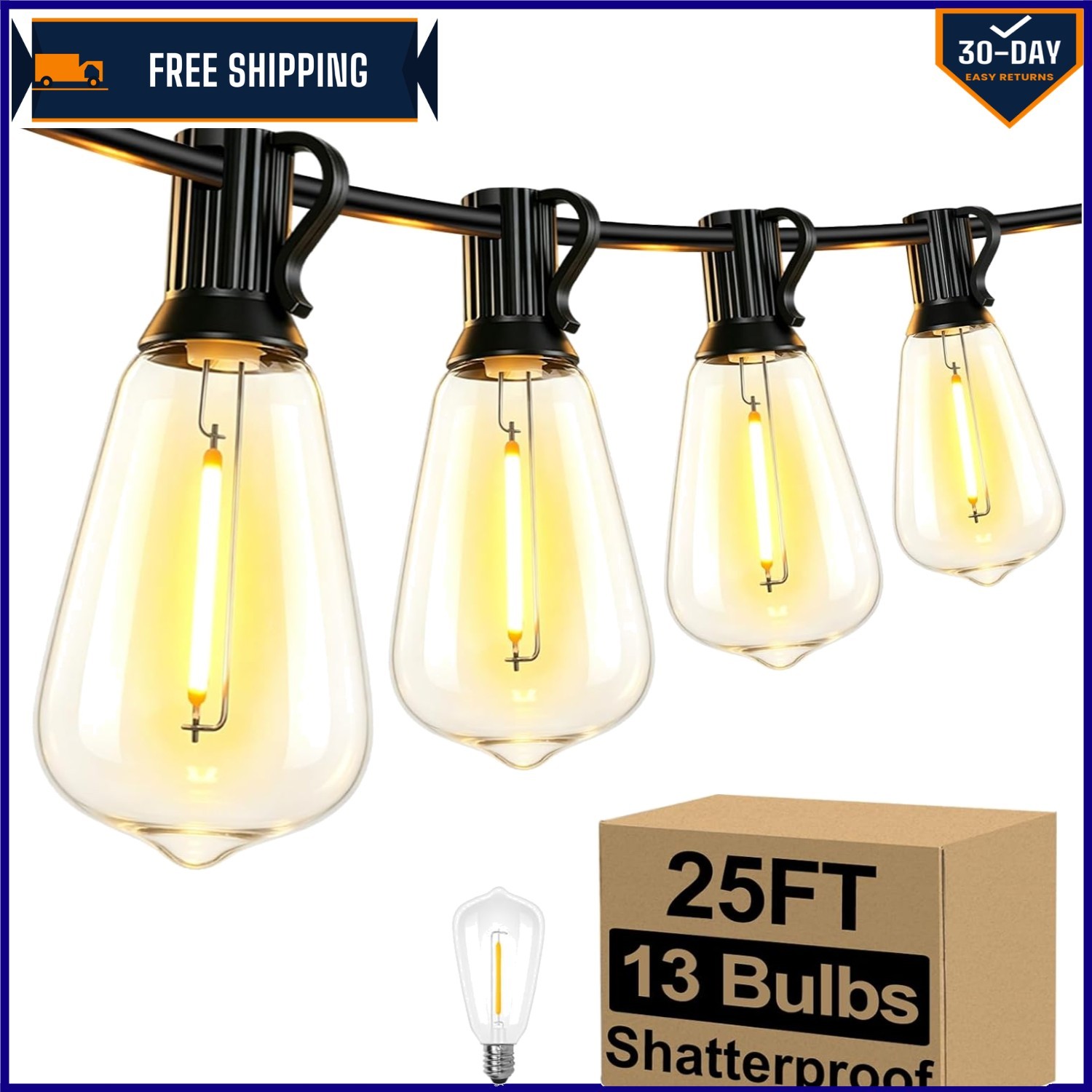 Elegant 25FT LED Outdoor String Lights - 13 Shatterproof Bulbs for Cozy Ambiance