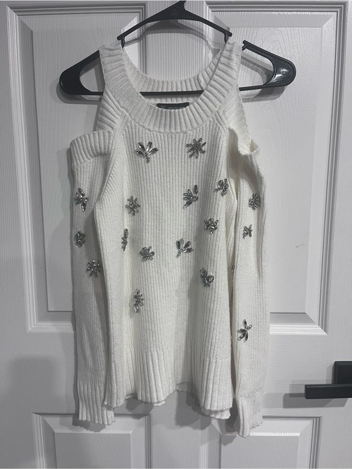 INC International Concepts XS Ivory Jeweled Cold Shoulder Sweater