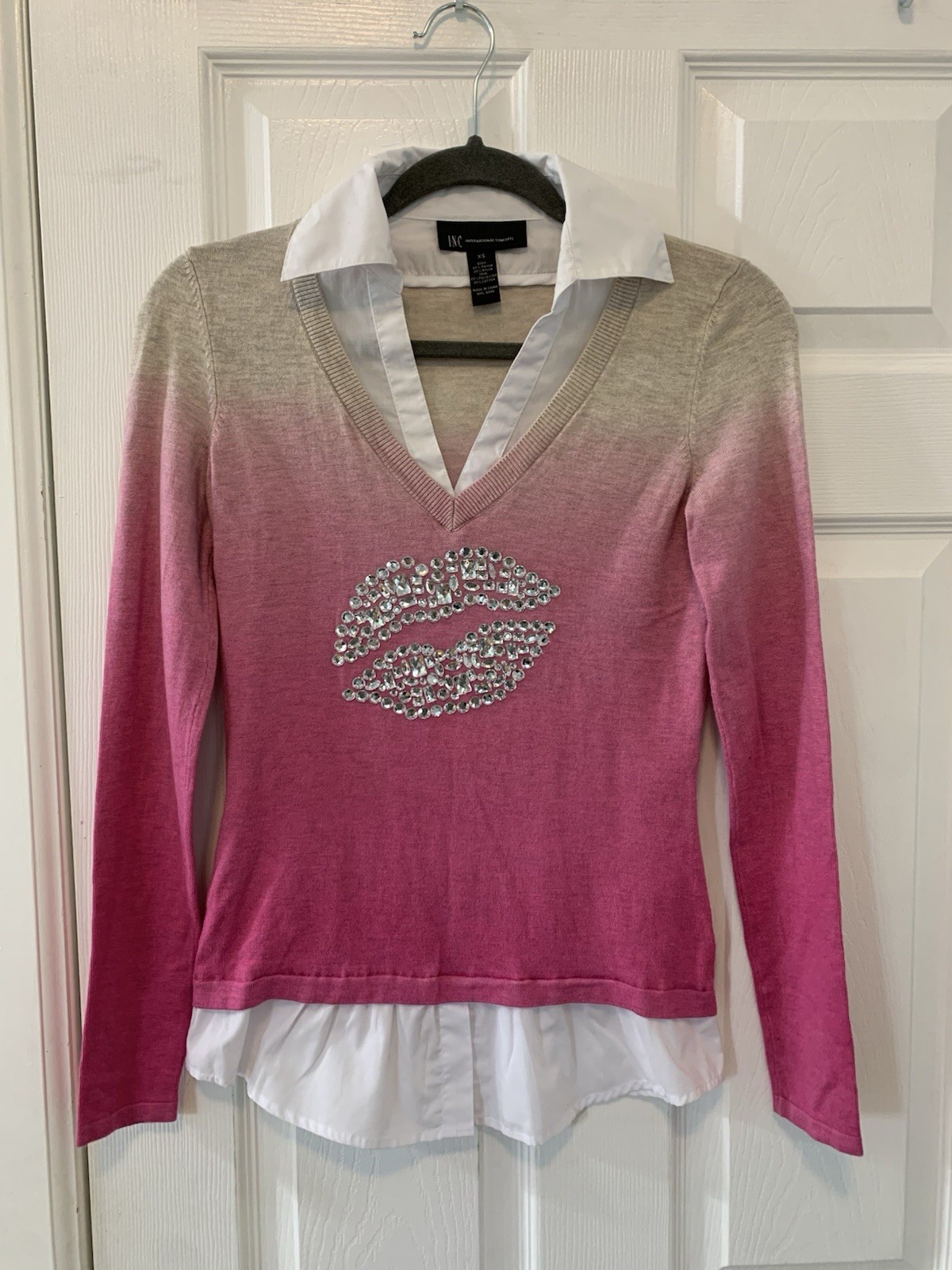 INC International Concepts Womens XS Pink Ombre Rhinestone Lips Layered Sweater