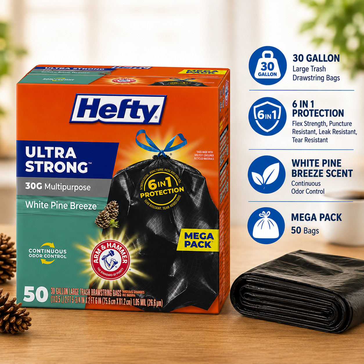 Hefty Ultra Strong 30 Gallon Trash Bags, Black Large Trash Bags, White Pine Bree