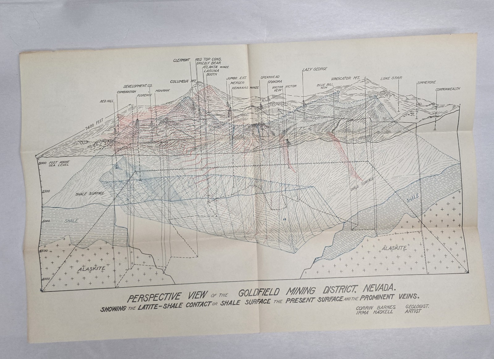 1930s Original Goldfield Mining District Nevada Fold-Out Geological Vein Map