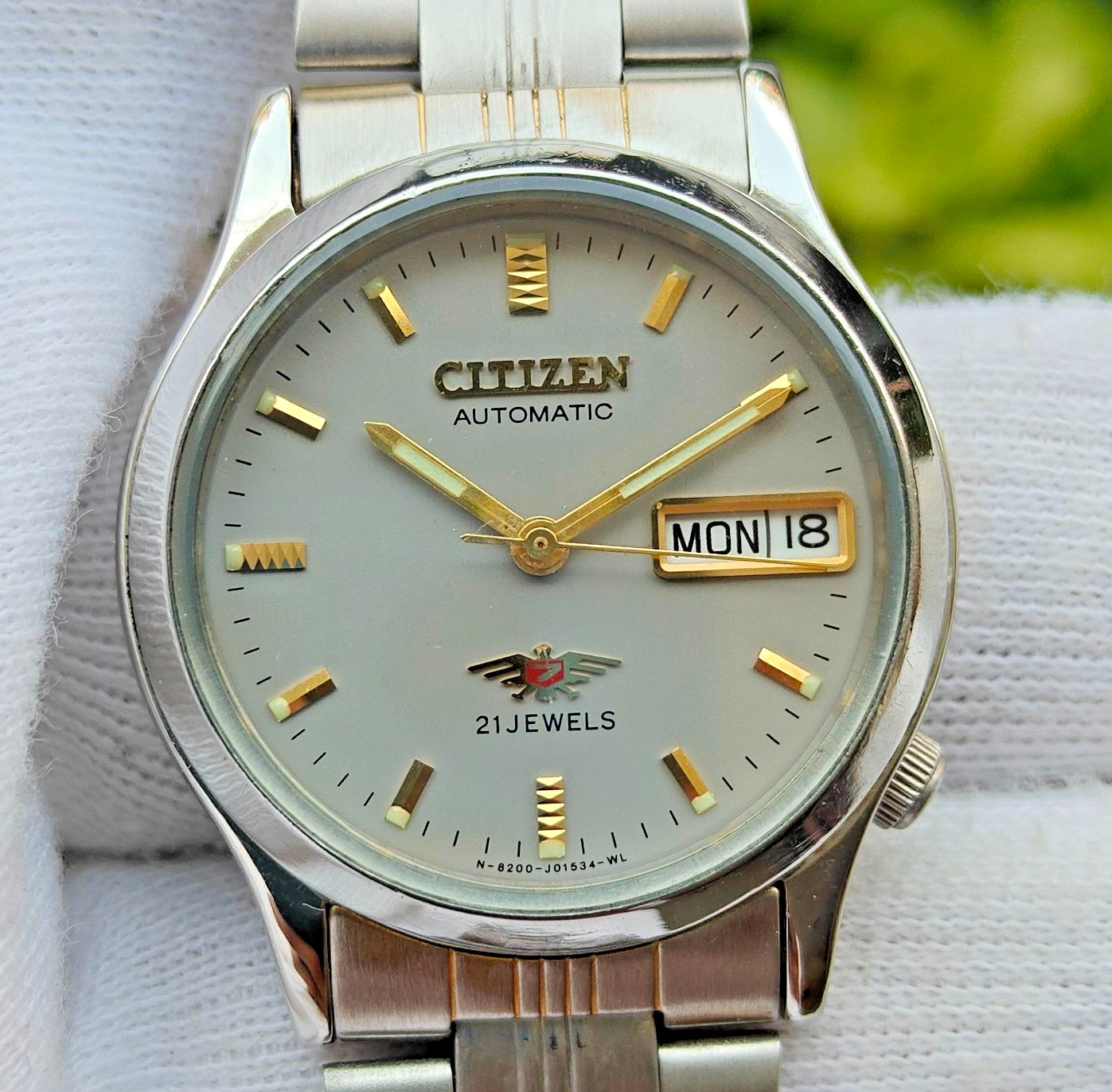 Vintage Citizen Automatic 21 Jewels Mens Watch Silver Dial Day Date Japan Steel