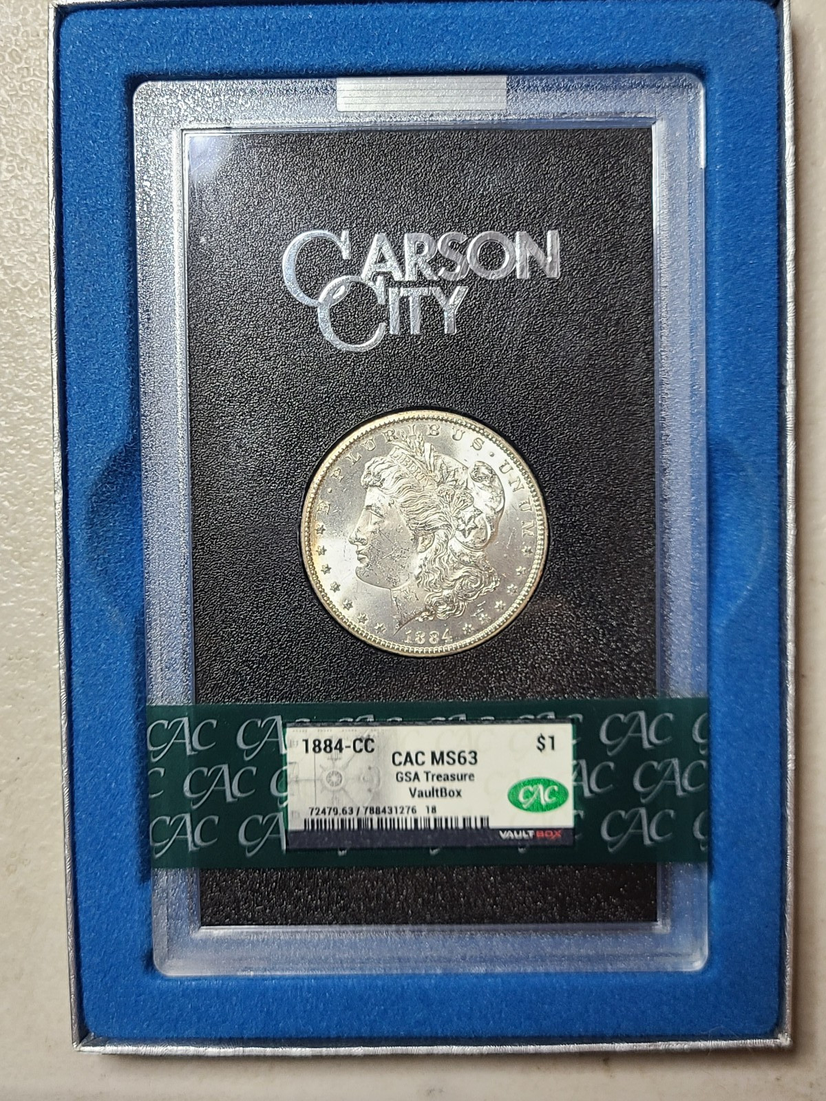 1884-CC Carson City Morgan Silver Dollar CAC MS63 GSA, little toning, COA
