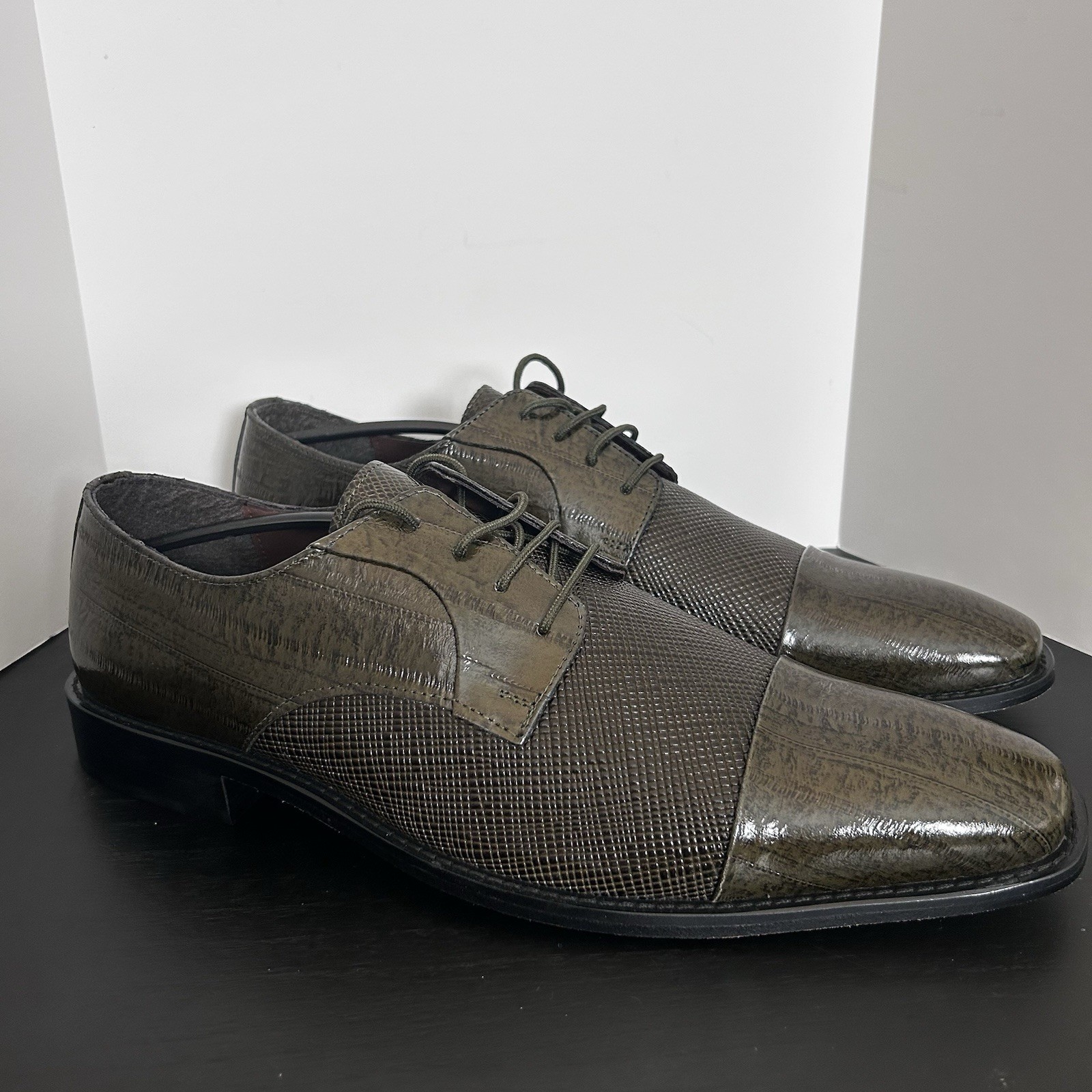 Stacy Adams Gatto Mens Size 11.5 Olive Oxfords Printed Cow Leather Cap Toe Dress Stacy Adams Gatto Mens Size 11.5 Olive Oxfords Printed Cow Leather Cap Toe Dress