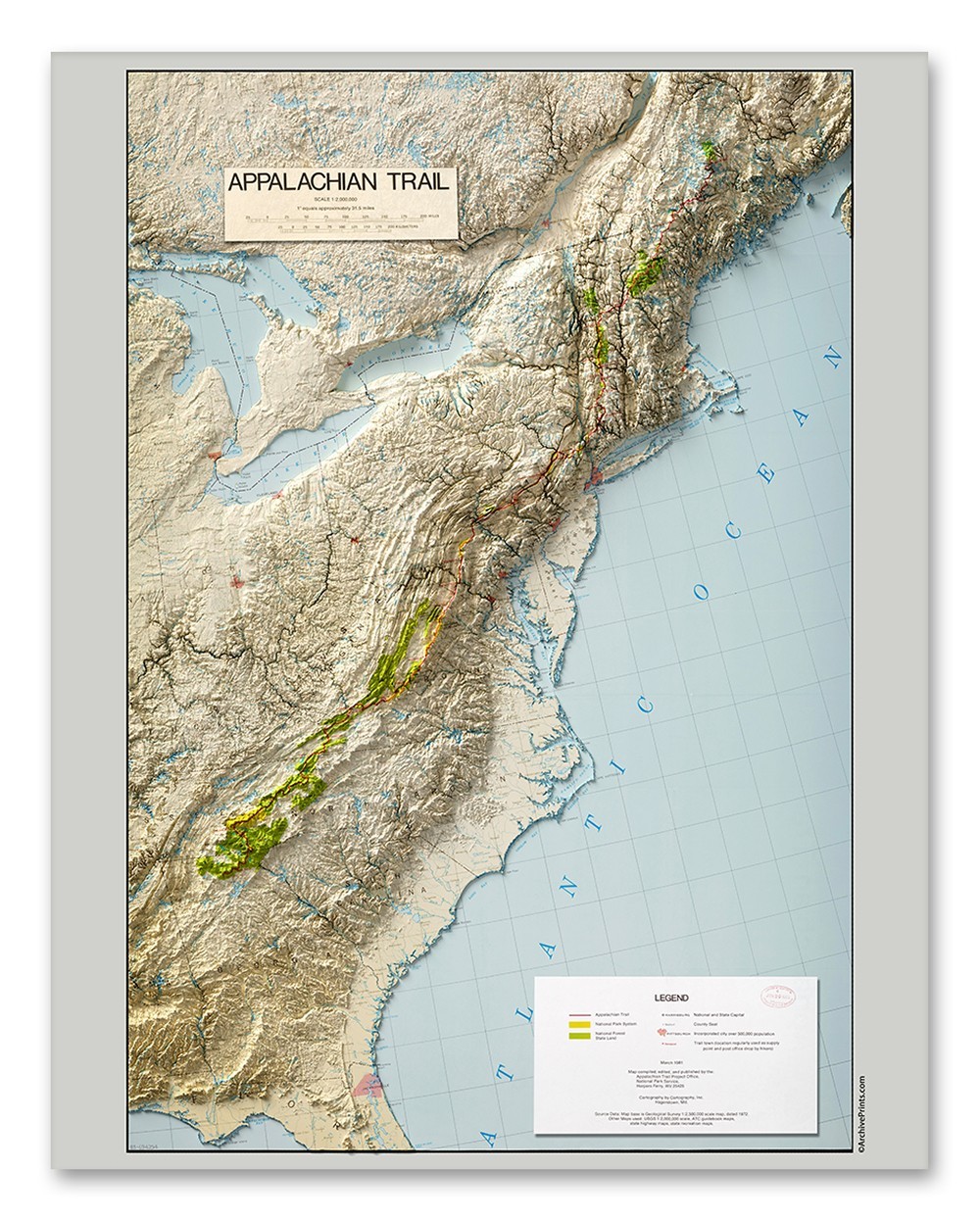 Appalachian Trail Shaded Relief Map Eastern US Hiking Topographic Wall Art