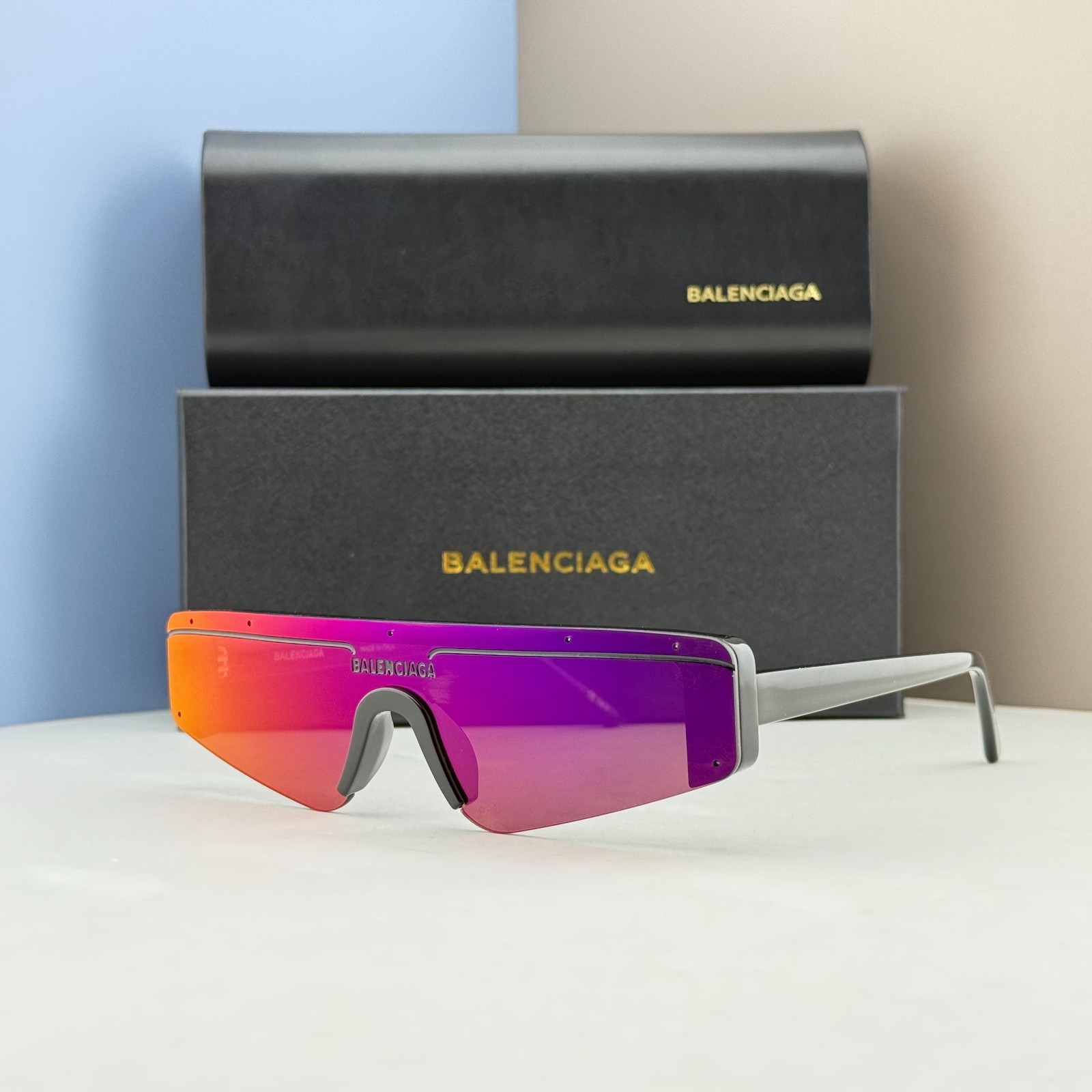 Balenciaga BB0003S Black Shield Sunglasses Purple Mirror Lens Unisex 99-1-140