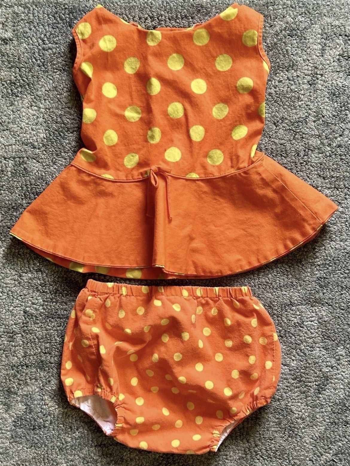 1970’s Kid’s Orange Two Piece Outfit With Chartreuse Polka Dots 2 Pieces Vintage 1970’s Kid’s Orange Two Piece Outfit With Chartreuse Polka Dots 2 Pieces Vintage