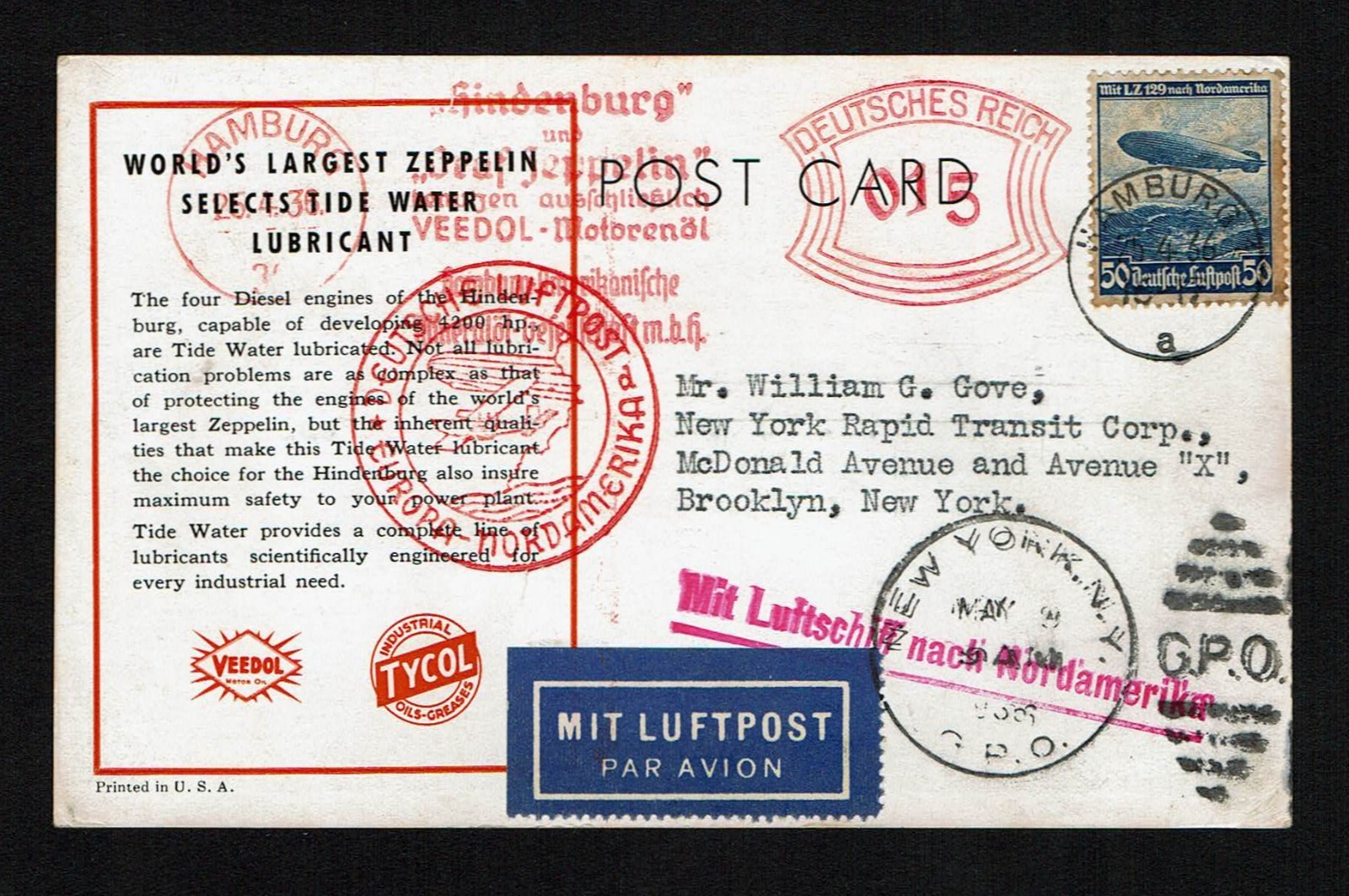 1936 POSTCARD CARRIED ON FIRST FLIGHT OF THE HINDENBURG - EXC COND. (SEE SCANS) 1936 POSTCARD CARRIED ON FIRST FLIGHT OF THE HINDENBURG - EXC COND. (SEE SCANS)