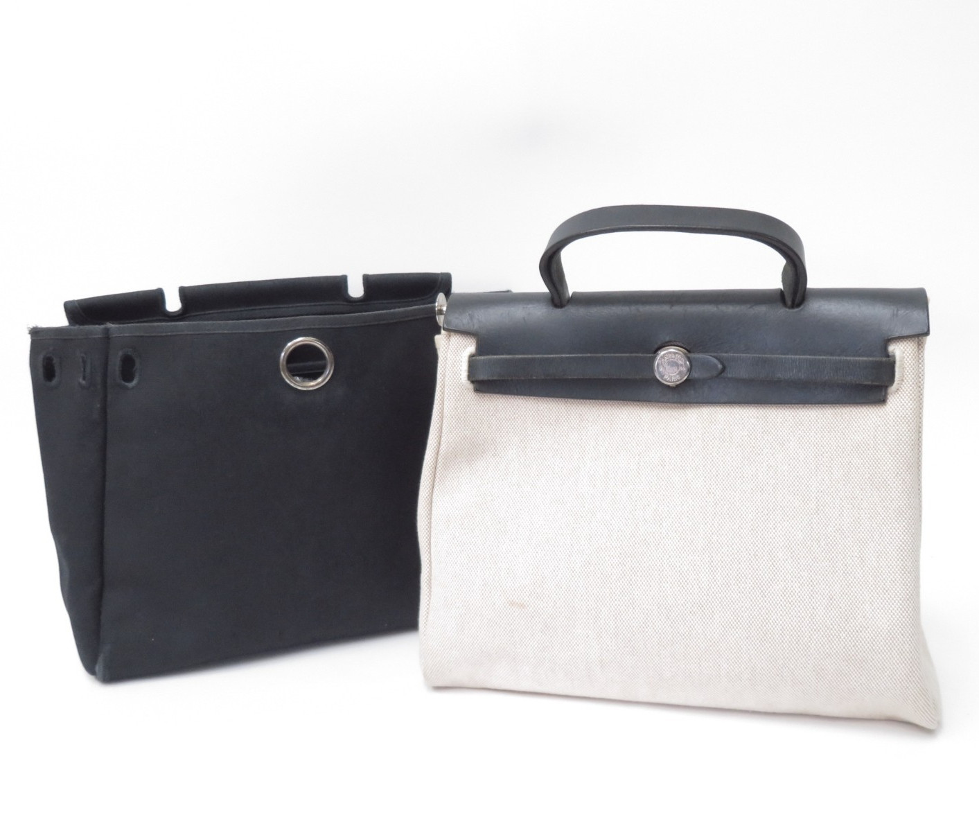 Authentic Hermes Her Bag PM Canvas Leather Hand Bag  F#55334