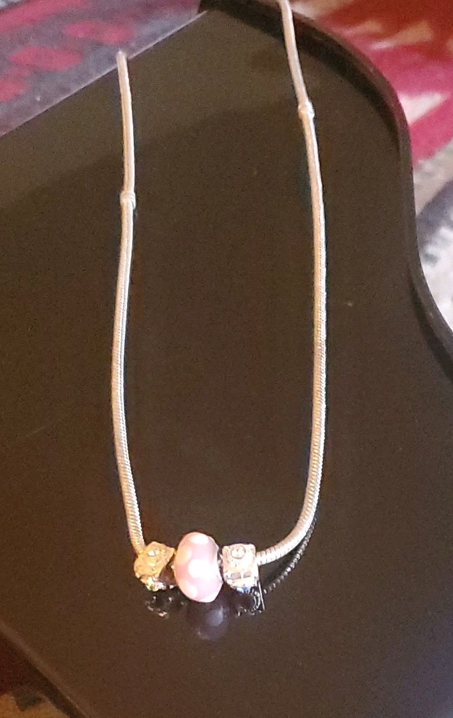 PANDORA Signed Silver Snake Chain Necklace Pink Glass Charm Bead Crystal PANDORA Signed Silver Snake Chain Necklace Pink Glass Charm Bead Crystal