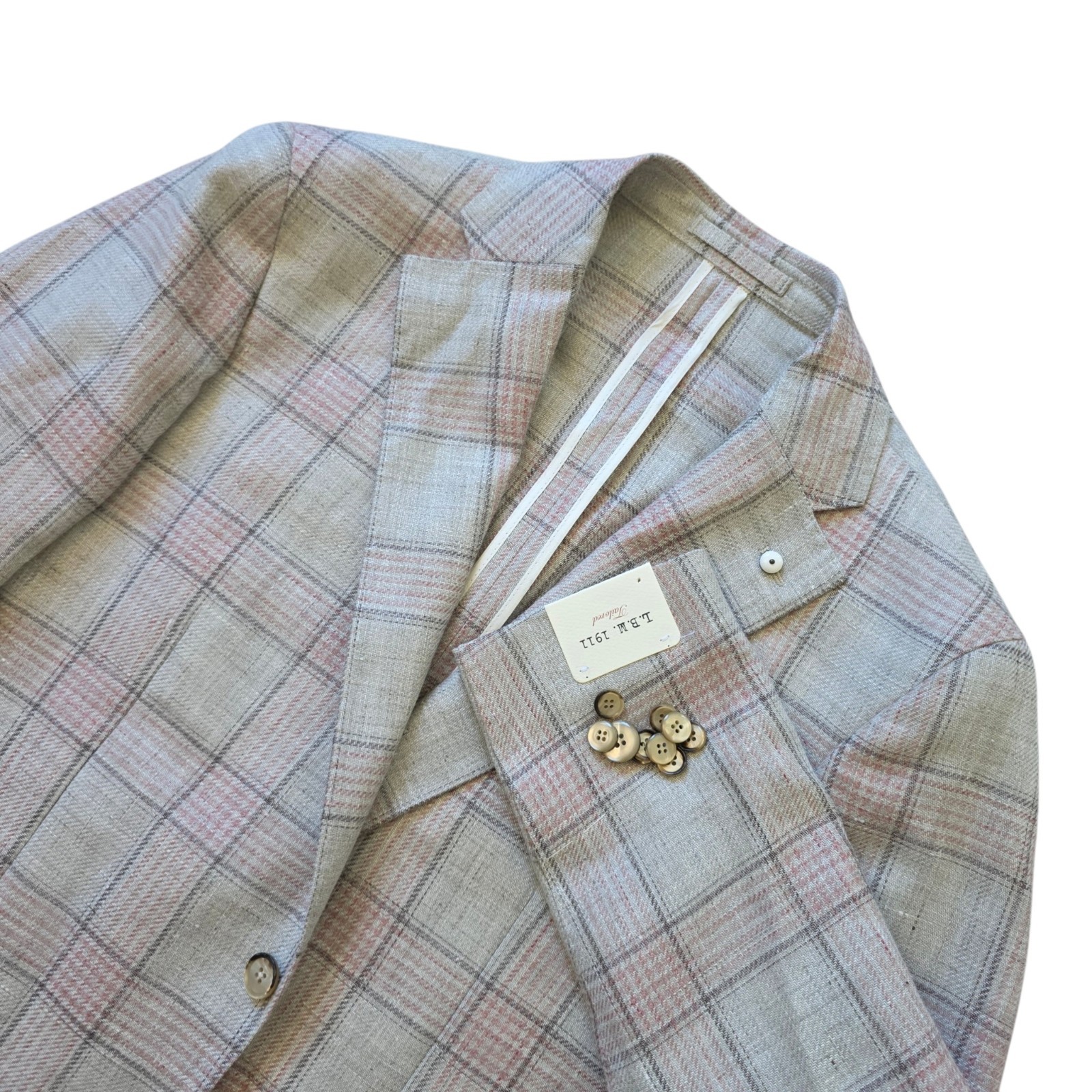 LBM 1911 NWT Light Beige and Pink Check Linen Wool Unstructured Sport Coat 42R LBM 1911 NWT Light Beige and Pink Check Linen Wool Unstructured Sport Coat 42R