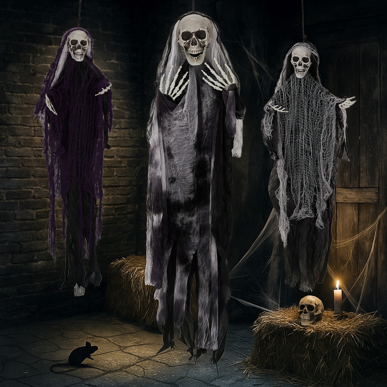 3Pcs Halloween Hanging Skeleton Ghosts Outdoor Decorations 4.6 ft, 3 ft, 3 ft~