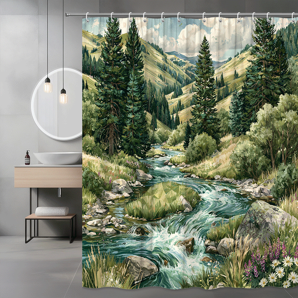Mountain River Forest Landscape Shower Curtain Scenic Nature Print Mountain River Forest Landscape Shower Curtain Scenic Nature Print