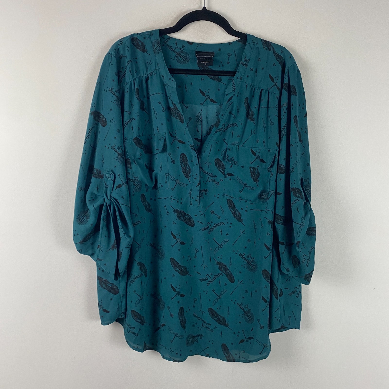 Torrid Harry Potter Harper Georgette Blouse 3X Teal Spell Print Roll Tab Top