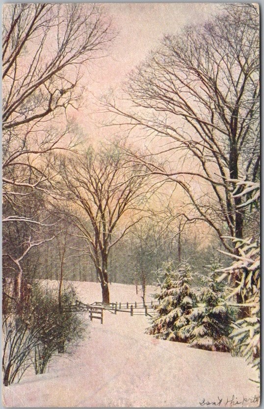 Vintage 1910s Greetings Postcard Winter Road Scene with Cancel