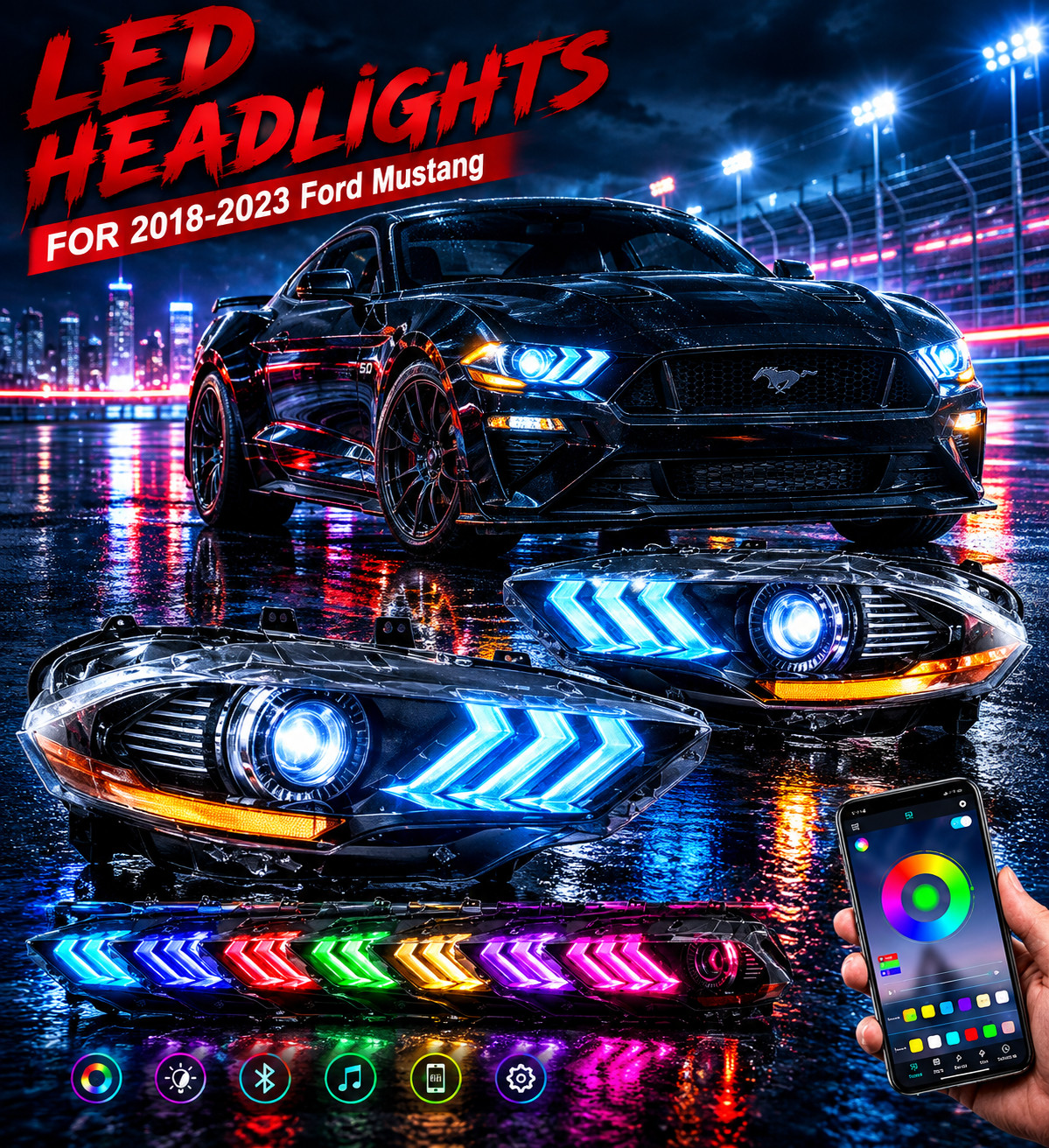 Headlights For 2018-2023 Ford Mustang RGB LED Sequential Dynamic Assembly Pair