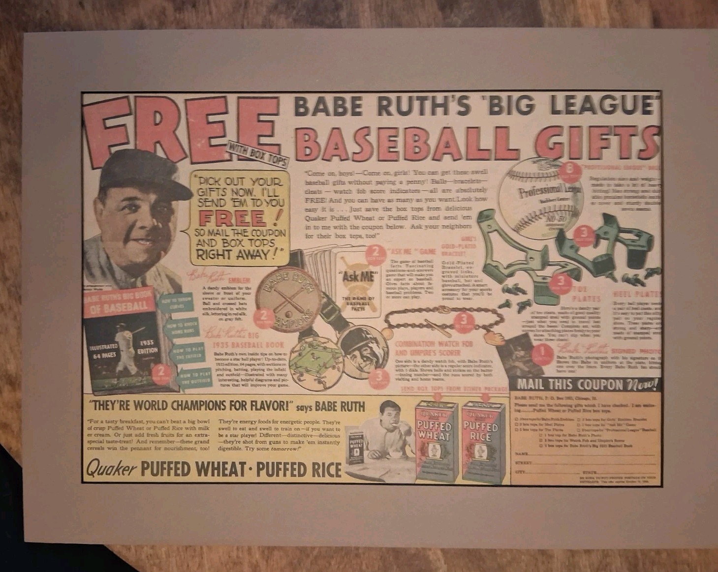 1934 Babe Ruth Quaker Puffed Rice Advertisiement 12x16 Original 1934 Babe Ruth Quaker Puffed Rice Advertisiement 12x16 Original