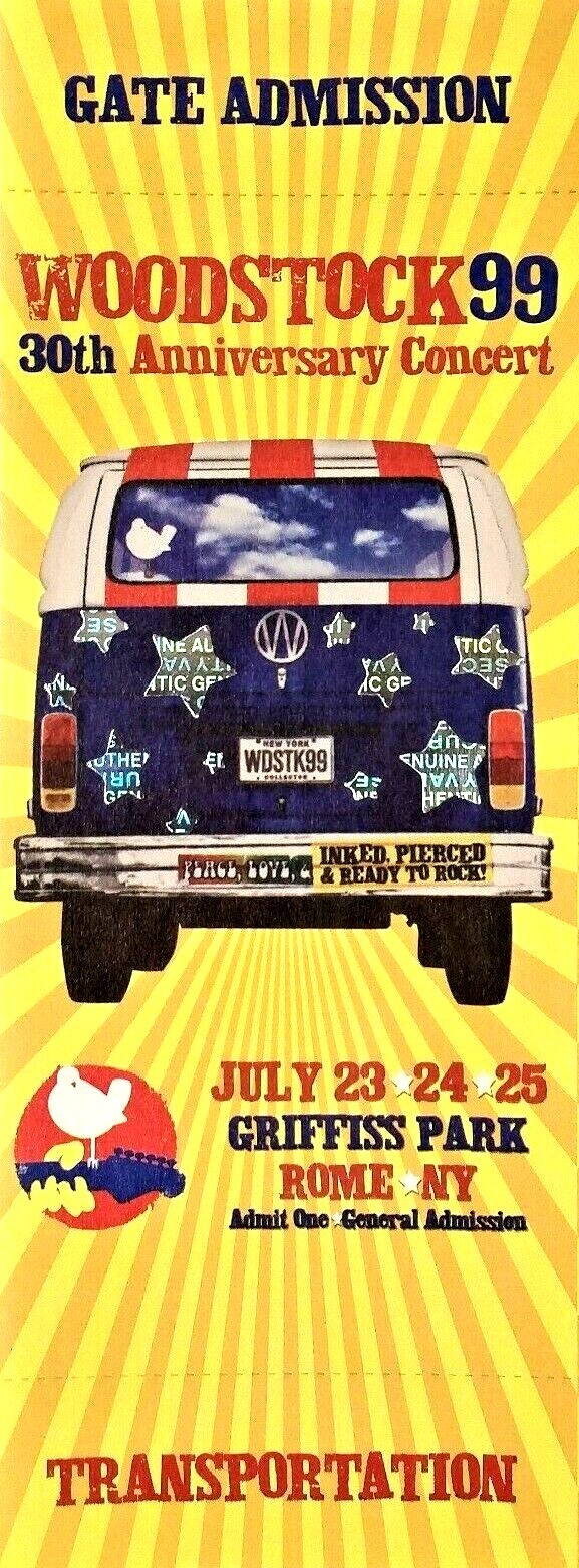 WOODSTOCK 99 - UNUSED CONCERT TICKET - LIMP BIZKIT, FATBOY SLIM, KID ROCK - 1999