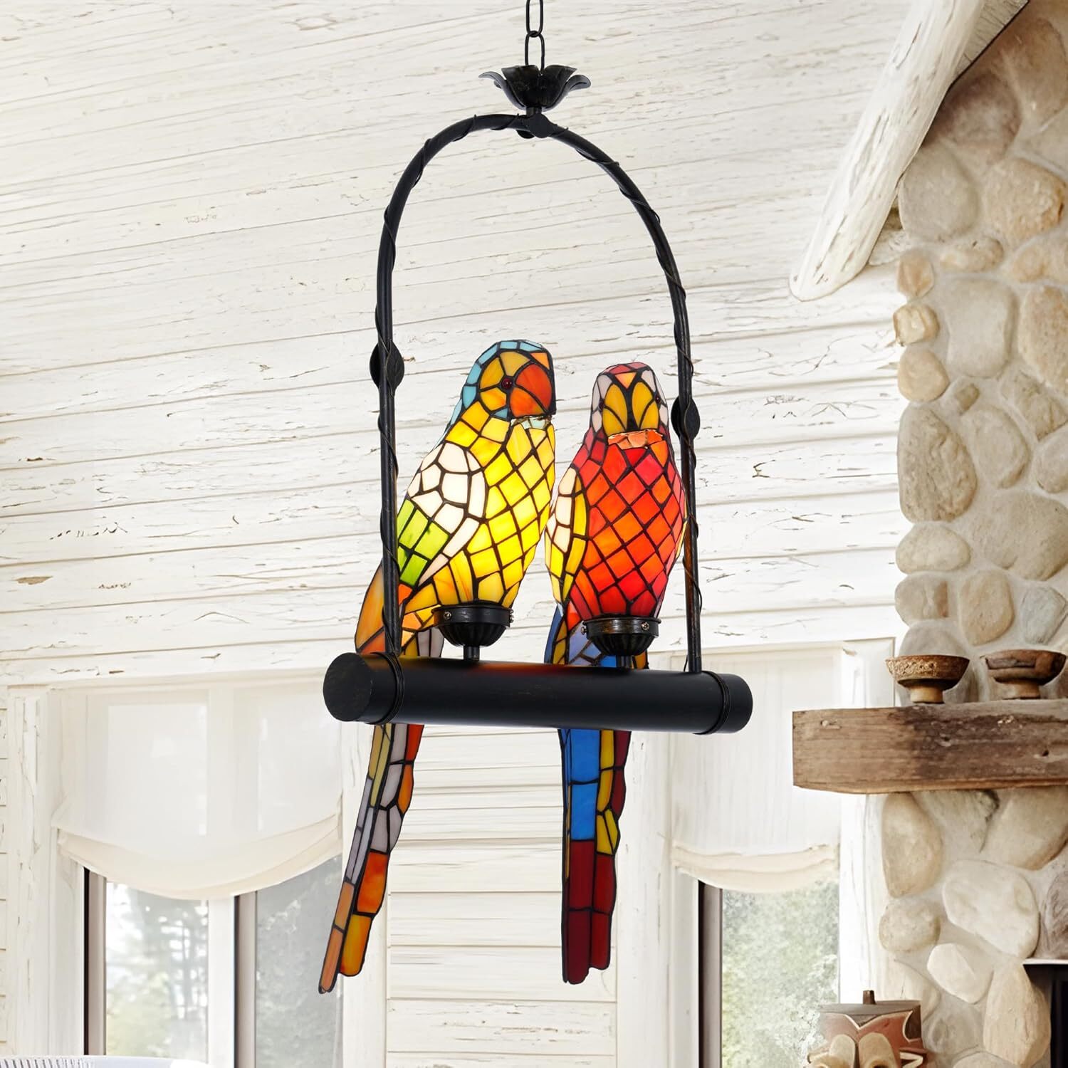 Vintage Stained Glass Style Parrot 2 Birds Chandelier Ceiling Pendant Lighting
