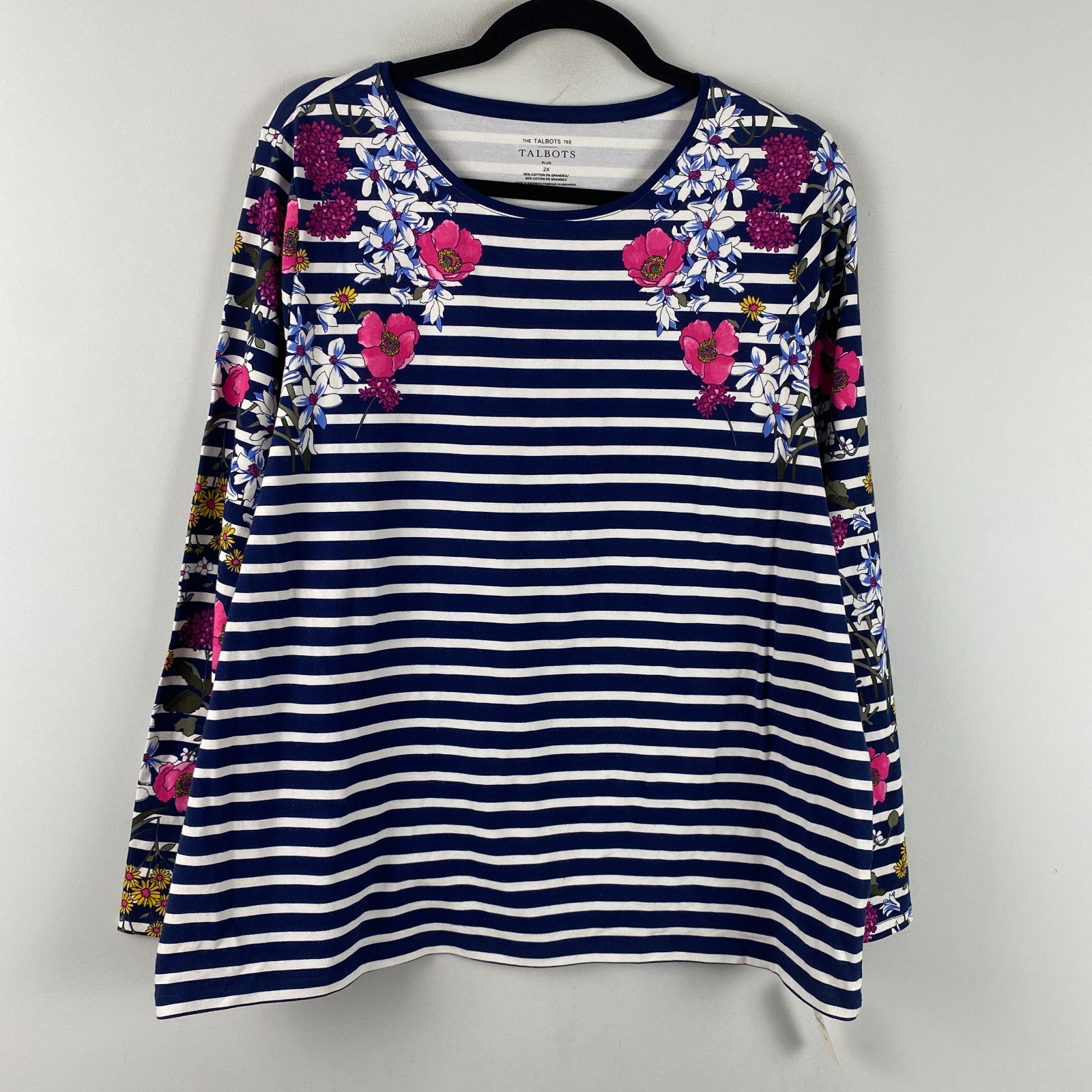 Talbots Tee Womens 2X Navy White Stripe Floral Pima Cotton Stretch T Shirt
