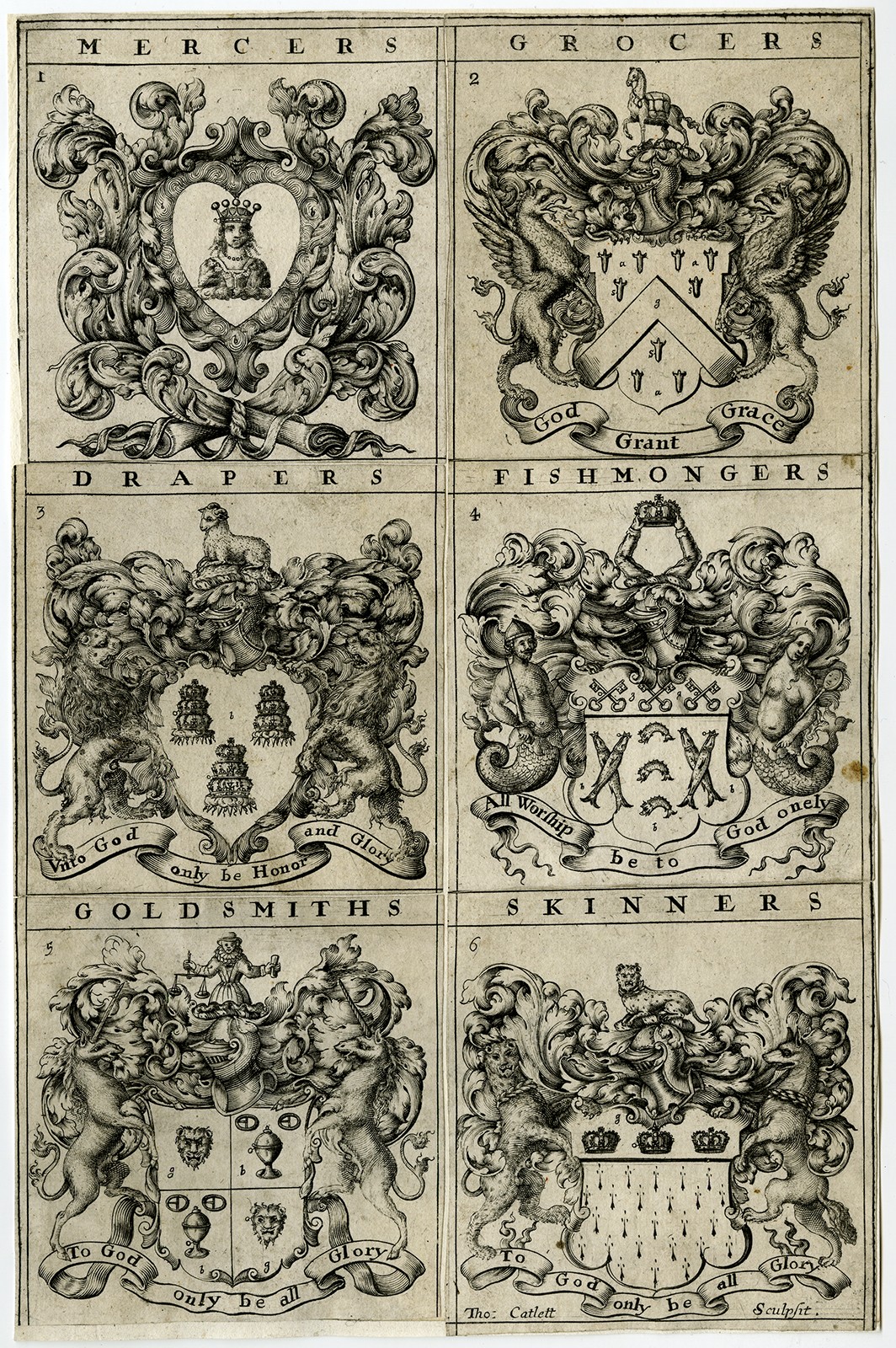 2 Rare Antique Master Prints-ORNAMENT-LONDON-GUILD-COAT OF ARMS-Catlett-ca. 1680