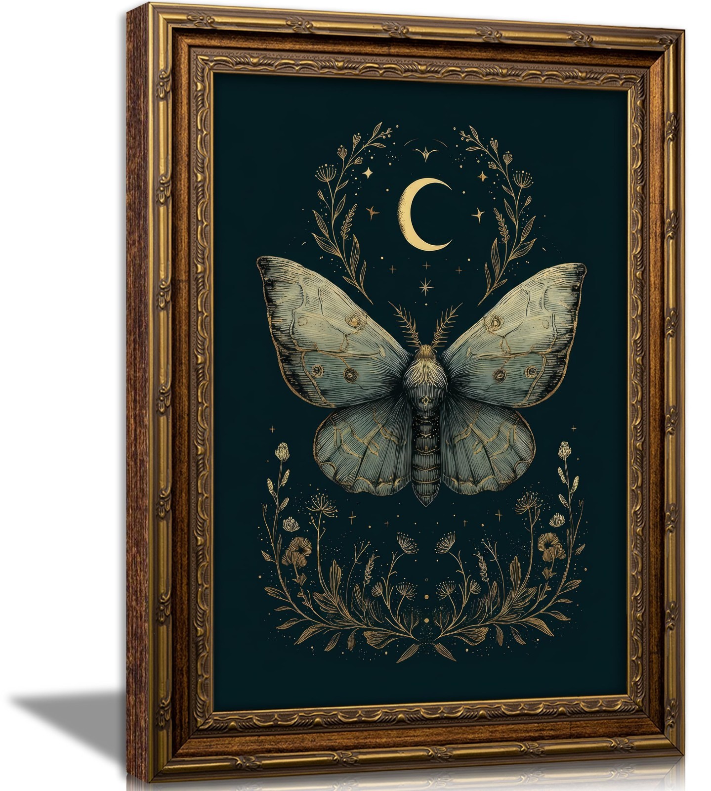 Vintage Gold Framed Celestial Moth Moon Wall Art, Gothic Butterfly Decor, Mystic