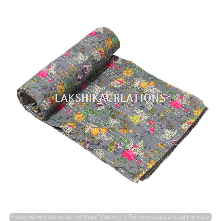 Indian King Size Blanket Cotton Hand Block Print Kantha Bedspread Handmade Quilt