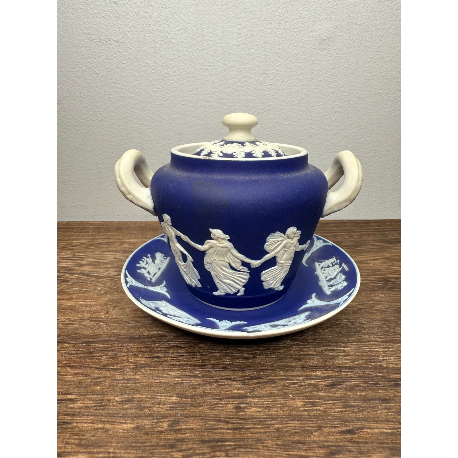 Lot of 2 Wedgwood Blue Jasperware Covered Sugar Bowl with Lid and Saucer Figures