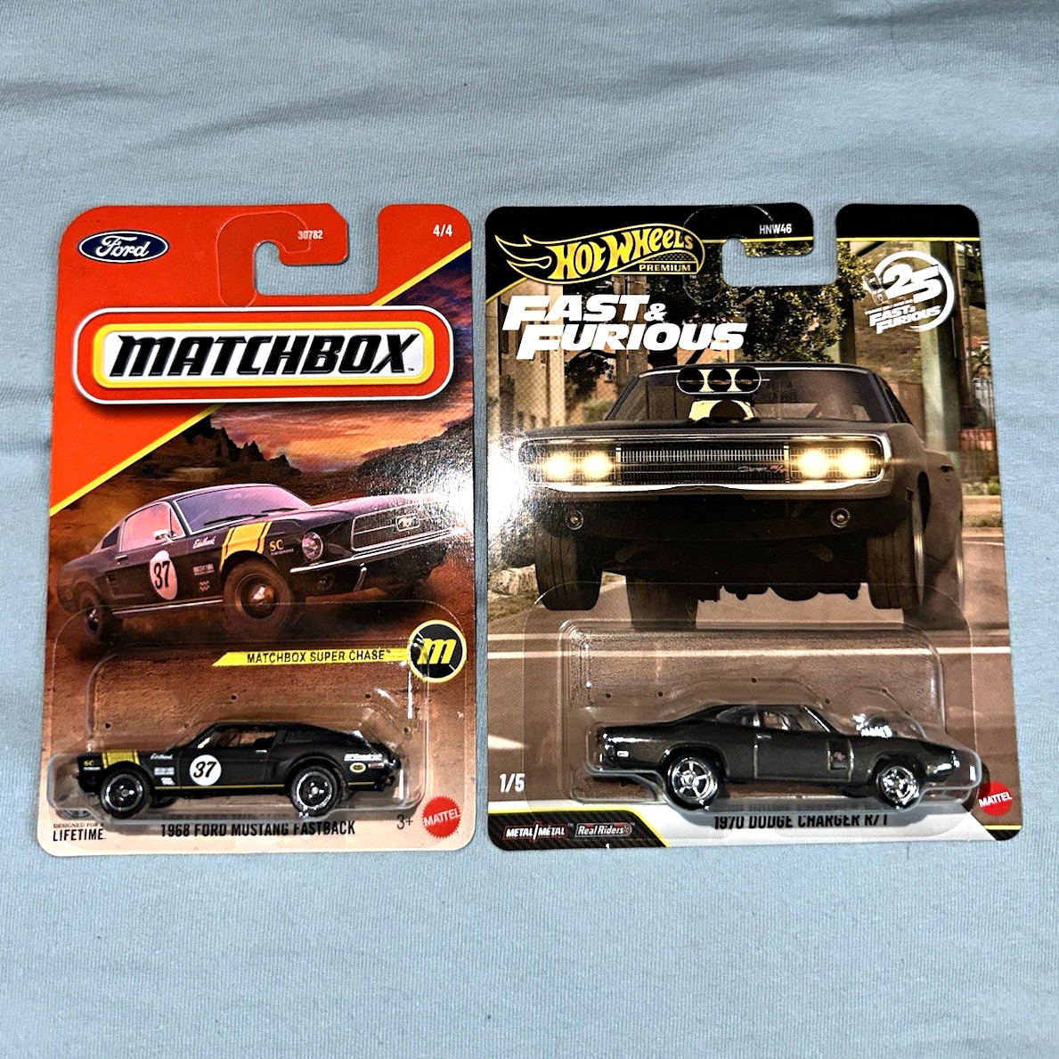 Matchbox Super Chase 1968 Mustang + Hot Wheels F&F premium 1970 Charger Chase 