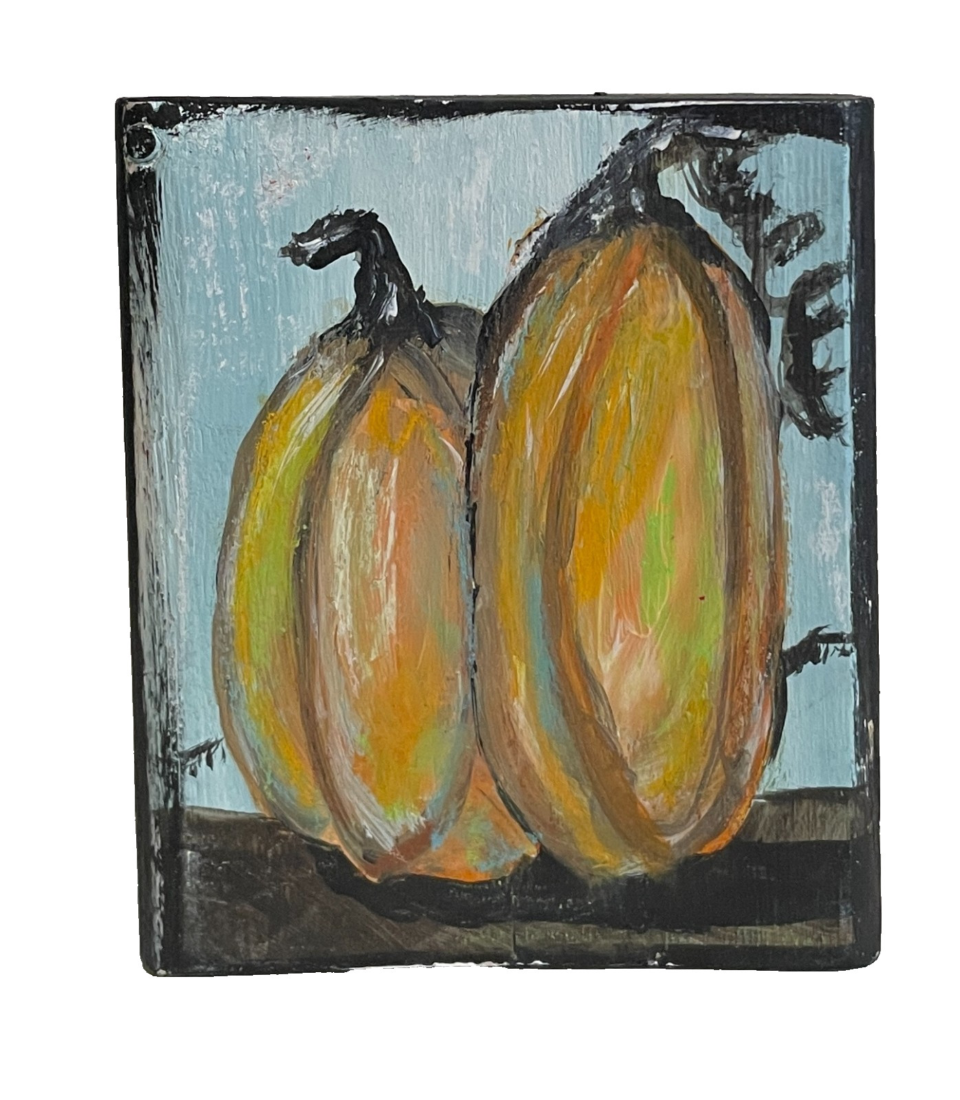 Mary Myers Autumn Pumpkin Duo Textured Mini Art Block Painting Original colorful