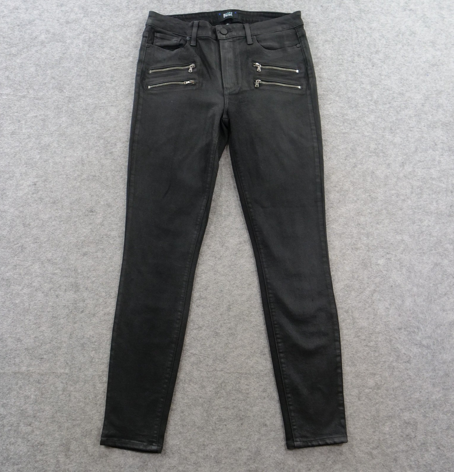 Paige Womens 30 Black High Rise Edgemont Coated Skinny Jeans Zip Pocket USA