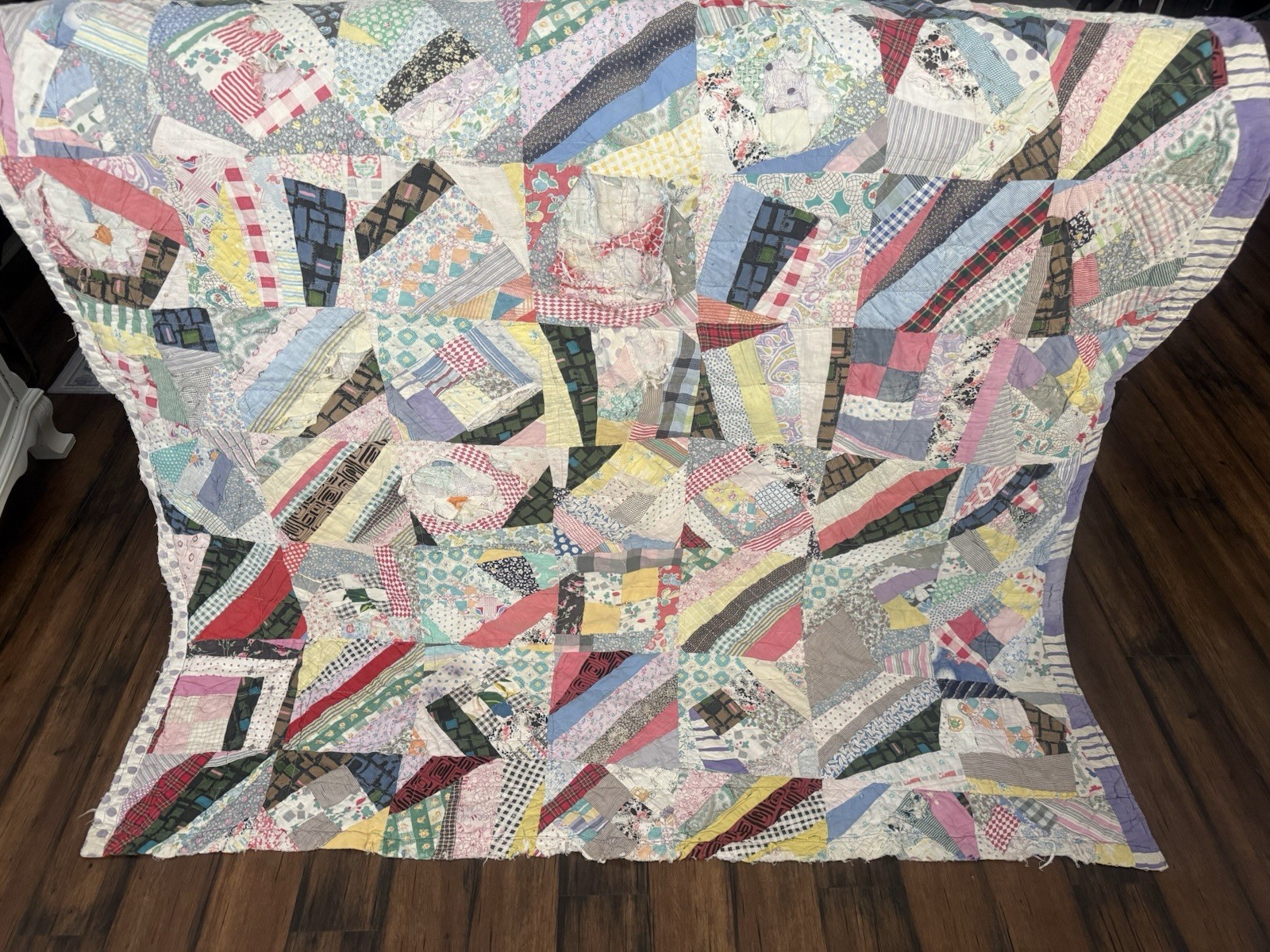 VTG Handmade Feed Sack Crazy Scrappy Patchwork Quilt Boho Farmhouse 64x74 VTG Handmade Feed Sack Crazy Scrappy Patchwork Quilt Boho Farmhouse 64x74