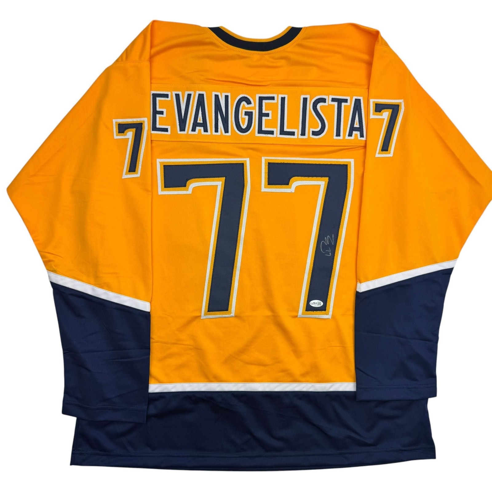 Autographed/Signed Luke Evangelista Nashville Yellow Hockey Jersey JSA COA Autographed/Signed Luke Evangelista Nashville Yellow Hockey Jersey JSA COA