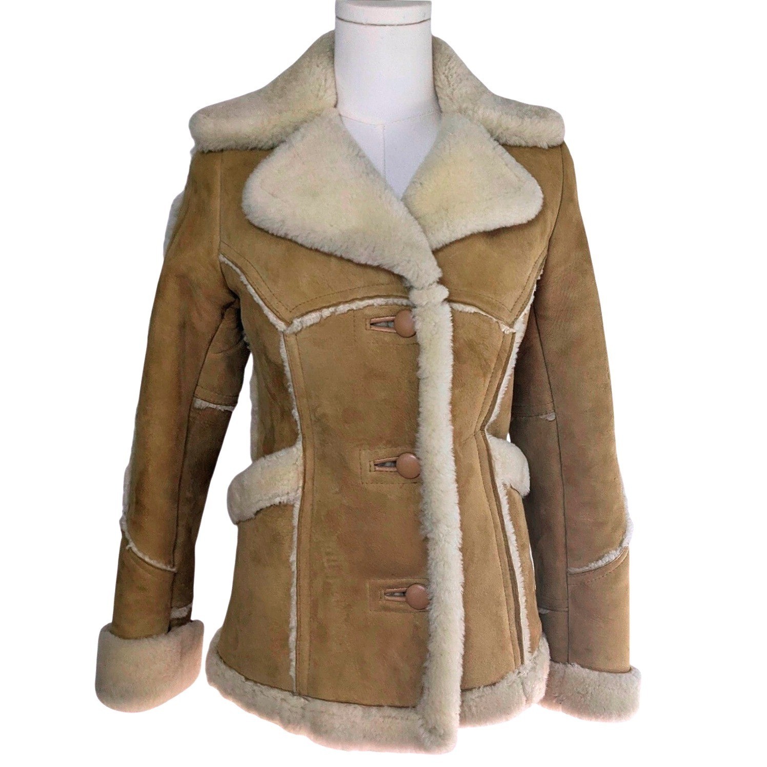 Vintage 1970s Outbak Shearling Jacket Tan Suede Wool Trim Coat New Zealand 36