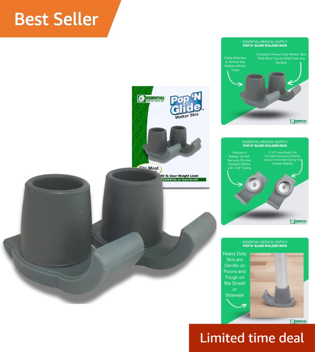 2 Pack of Elegant Pop & Glide Walker Ski Glides - Ideal for Indoor & Outdoor Use