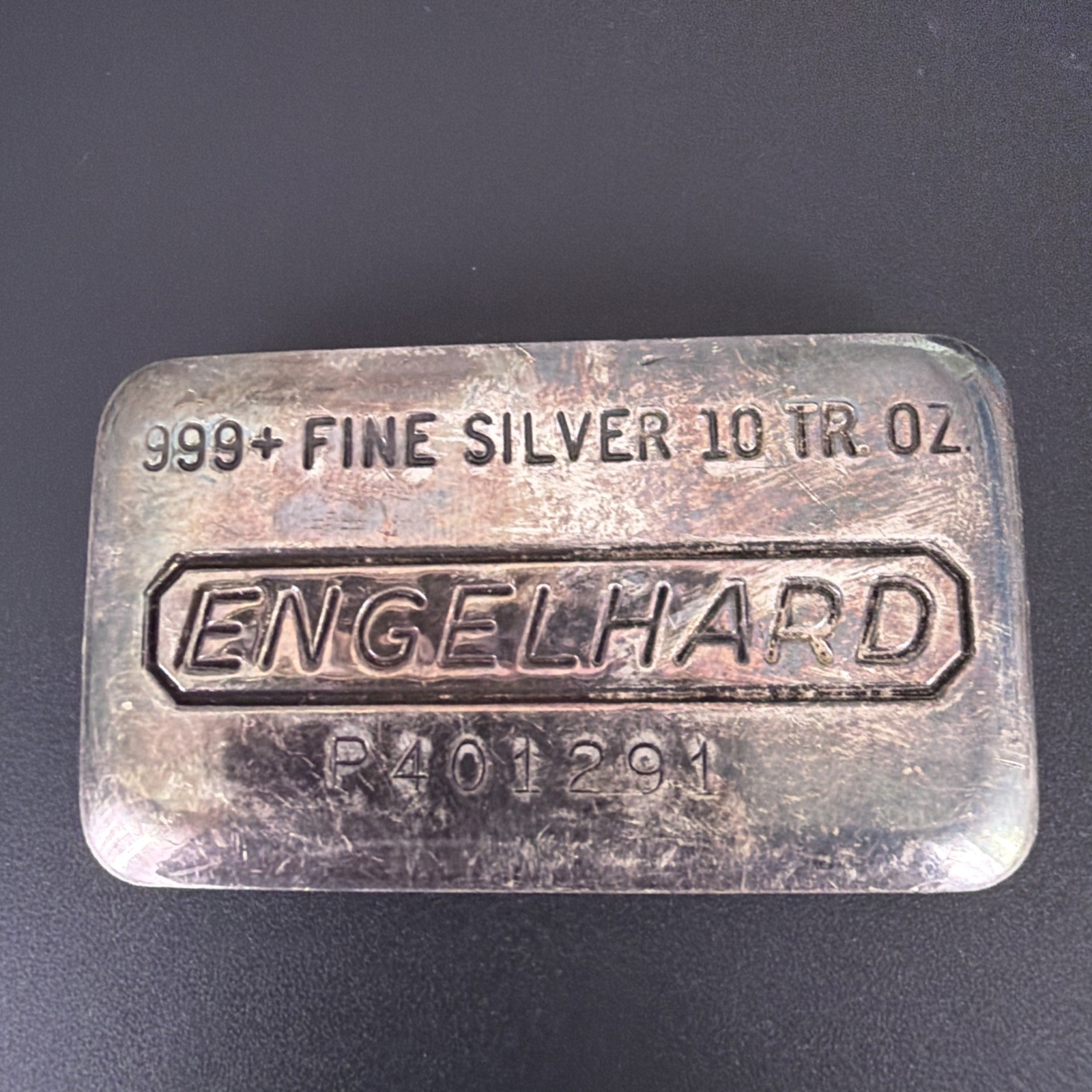 Vintage Engelhard 10 oz .999+ Fine Silver Bar P401291 P-Series Plain Back Vintage Engelhard 10 oz .999+ Fine Silver Bar P401291 P-Series Plain Back